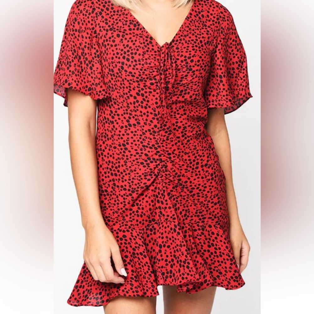 NWT, BB Dakota Red Mini Dress with sheered center, black dot pattern, size 8‎